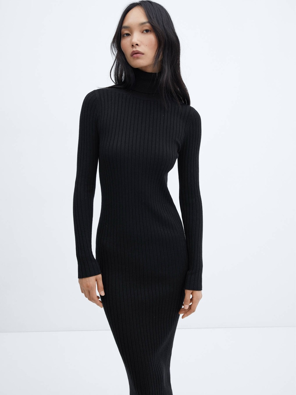Mango Black Ribbed Turtleneck Midi Dress